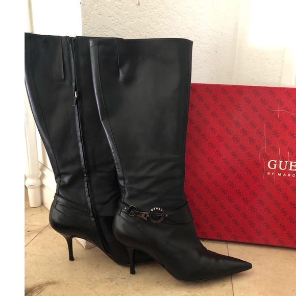 Black Leather Pointed Toe Long Boots - Picture 1 of 5